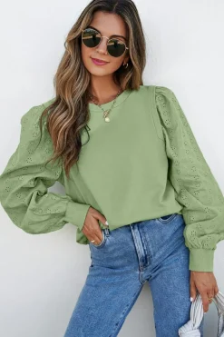 Sale Dear-Lover Solid Patchwork Sleeve Round Neck Sweatshirt Mist Green