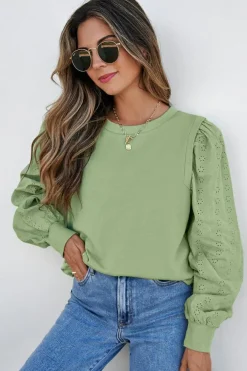 Sale Dear-Lover Solid Patchwork Sleeve Round Neck Sweatshirt Mist Green