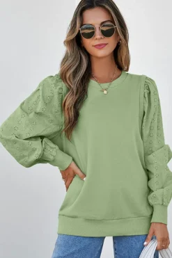 Sale Dear-Lover Solid Patchwork Sleeve Round Neck Sweatshirt Mist Green