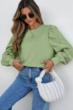 Sale Dear-Lover Solid Patchwork Sleeve Round Neck Sweatshirt Mist Green