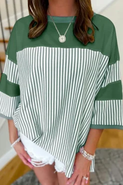 Discount Dear-Lover Striped Patchwork 3/4 Sleeve Casual Top Mist Green