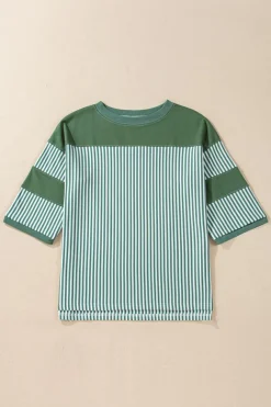 Discount Dear-Lover Striped Patchwork 3/4 Sleeve Casual Top Mist Green