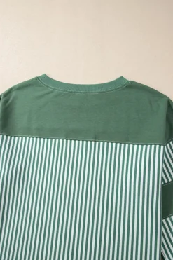 Discount Dear-Lover Striped Patchwork 3/4 Sleeve Casual Top Mist Green