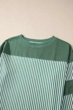 Discount Dear-Lover Striped Patchwork 3/4 Sleeve Casual Top Mist Green