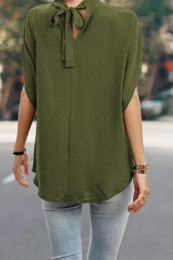 Hot Dear-Lover Swiss Dot Mock Neck Batwing Sleeve Blouse Mist Green