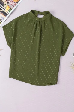Hot Dear-Lover Swiss Dot Mock Neck Batwing Sleeve Blouse Mist Green