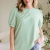 New Dear-Lover Textured Round Neck Short Puff Sleeve Top Mist Green