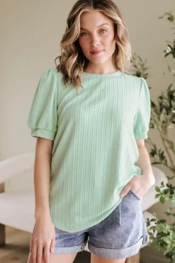 New Dear-Lover Textured Round Neck Short Puff Sleeve Top Mist Green