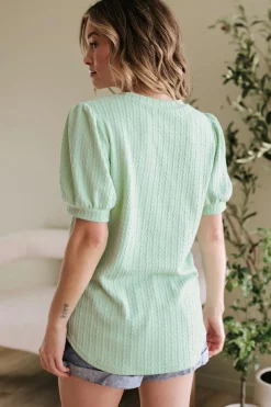 New Dear-Lover Textured Round Neck Short Puff Sleeve Top Mist Green