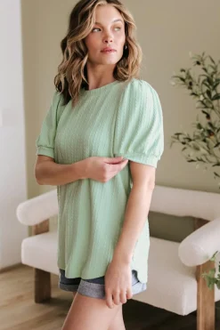 New Dear-Lover Textured Round Neck Short Puff Sleeve Top Mist Green