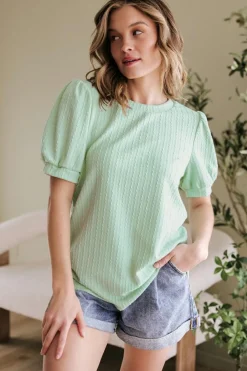 New Dear-Lover Textured Round Neck Short Puff Sleeve Top Mist Green