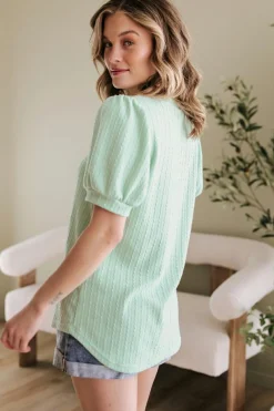 New Dear-Lover Textured Round Neck Short Puff Sleeve Top Mist Green