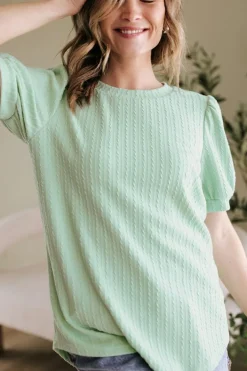 New Dear-Lover Textured Round Neck Short Puff Sleeve Top Mist Green