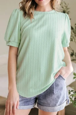 New Dear-Lover Textured Round Neck Short Puff Sleeve Top Mist Green