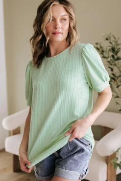 New Dear-Lover Textured Round Neck Short Puff Sleeve Top Mist Green