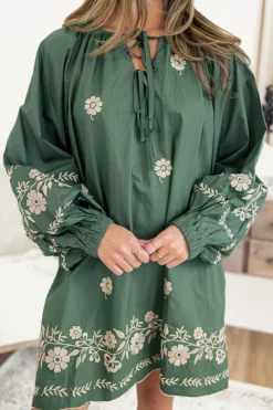 Fashion Dear-Lover Tie Neck Boho Floral Pattern Puff Sleeve Shift Dress Mist Green