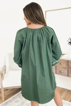 Fashion Dear-Lover Tie Neck Boho Floral Pattern Puff Sleeve Shift Dress Mist Green