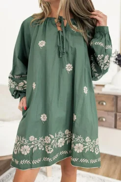 Fashion Dear-Lover Tie Neck Boho Floral Pattern Puff Sleeve Shift Dress Mist Green