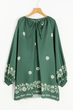 Fashion Dear-Lover Tie Neck Boho Floral Pattern Puff Sleeve Shift Dress Mist Green