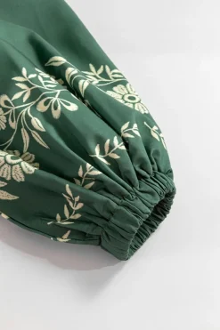 Fashion Dear-Lover Tie Neck Boho Floral Pattern Puff Sleeve Shift Dress Mist Green
