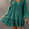 Hot Dear-Lover Tiered Ruffled Puff Sleeve Loose Fit Mini Dress Mist Green