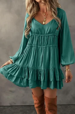 Hot Dear-Lover Tiered Ruffled Puff Sleeve Loose Fit Mini Dress Mist Green