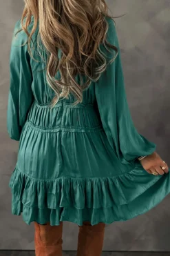 Hot Dear-Lover Tiered Ruffled Puff Sleeve Loose Fit Mini Dress Mist Green