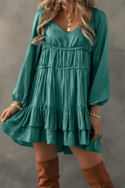 Hot Dear-Lover Tiered Ruffled Puff Sleeve Loose Fit Mini Dress Mist Green