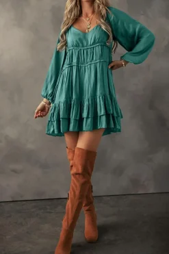 Hot Dear-Lover Tiered Ruffled Puff Sleeve Loose Fit Mini Dress Mist Green