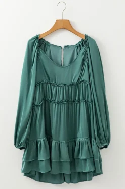 Hot Dear-Lover Tiered Ruffled Puff Sleeve Loose Fit Mini Dress Mist Green