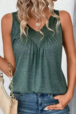 Clearance Dear-Lover V Neck Ruched Tank Top Mist Green
