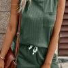 Sale Dear-Lover Waffle Knit Patched Pocket Tank and Drawstring Shorts Set Mist Green