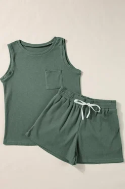 Sale Dear-Lover Waffle Knit Patched Pocket Tank and Drawstring Shorts Set Mist Green