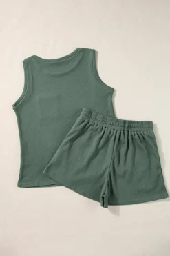 Sale Dear-Lover Waffle Knit Patched Pocket Tank and Drawstring Shorts Set Mist Green