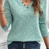 New Dear-Lover Buttoned V Neck Textured Knit Long Sleeve Top Moonlight Jade