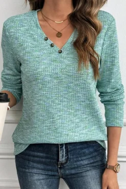 New Dear-Lover Buttoned V Neck Textured Knit Long Sleeve Top Moonlight Jade