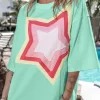 Discount Dear-Lover Colorblock Star Patched Half Sleeve Oversized Tee Moonlight Jade