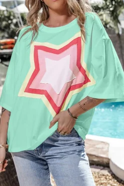Discount Dear-Lover Colorblock Star Patched Half Sleeve Oversized Tee Moonlight Jade