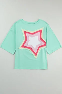 Discount Dear-Lover Colorblock Star Patched Half Sleeve Oversized Tee Moonlight Jade