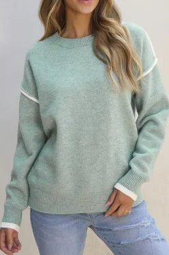 Fashion Dear-Lover Colorblock Contrasting Edge Crewneck Sweater Moonlight Jade