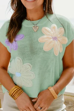 Online Dear-Lover Multi Crochet Flower Knit Short Sleeve Sweater Top Moonlight Jade
