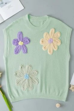 Online Dear-Lover Multi Crochet Flower Knit Short Sleeve Sweater Top Moonlight Jade