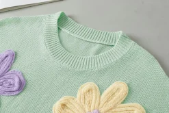 Online Dear-Lover Multi Crochet Flower Knit Short Sleeve Sweater Top Moonlight Jade
