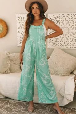 Hot Dear-Lover Printed Bib Wide Leg Overall Moonlight Jade