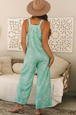 Hot Dear-Lover Printed Bib Wide Leg Overall Moonlight Jade
