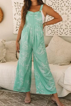 Hot Dear-Lover Printed Bib Wide Leg Overall Moonlight Jade