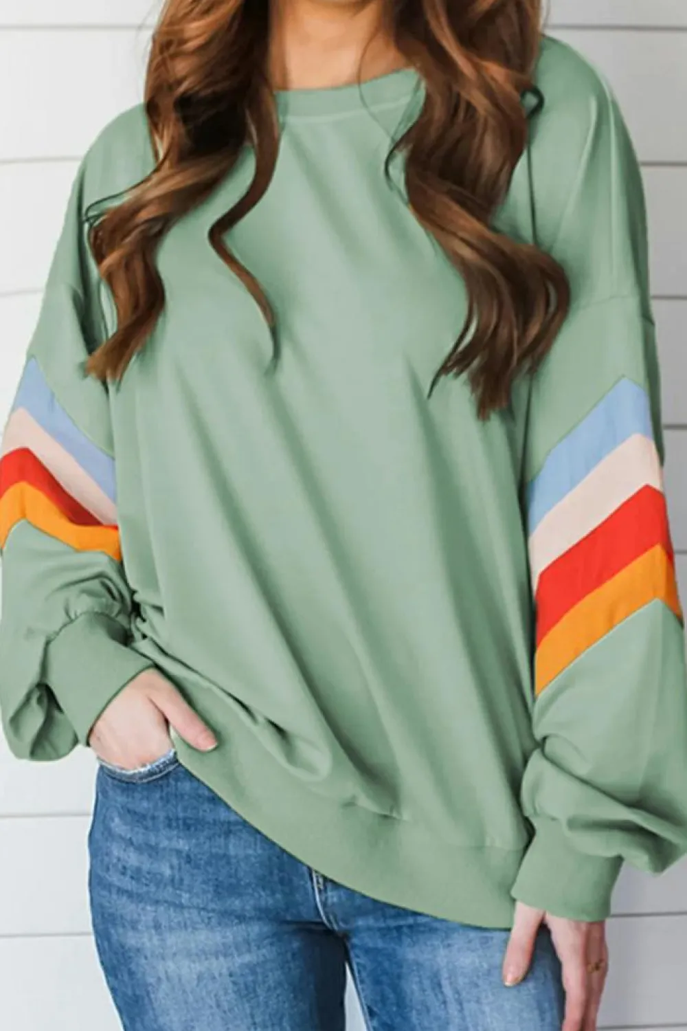 Discount Dear-Lover Rainbow Striped Sleeve Crew Neck Loose Sweatshirt Moonlight Jade