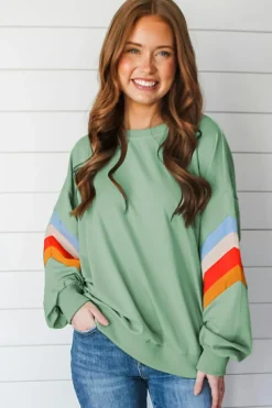 Discount Dear-Lover Rainbow Striped Sleeve Crew Neck Loose Sweatshirt Moonlight Jade