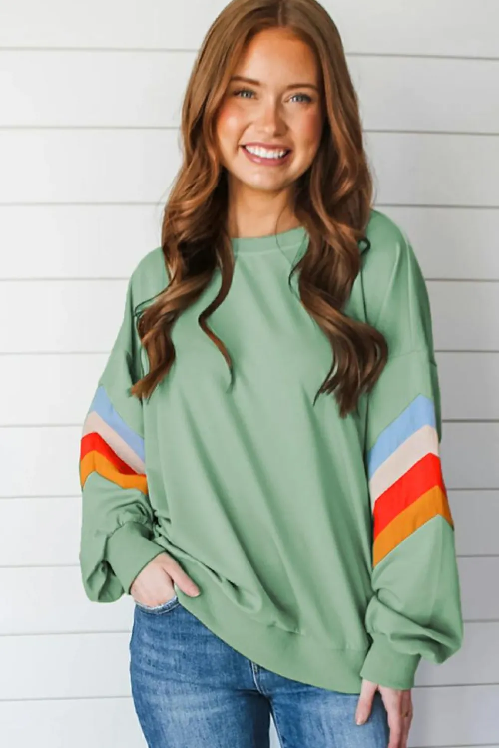 Discount Dear-Lover Rainbow Striped Sleeve Crew Neck Loose Sweatshirt Moonlight Jade