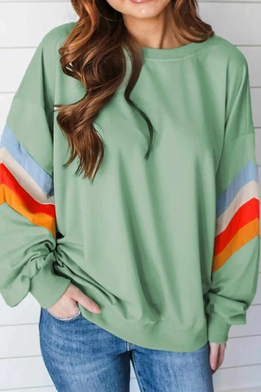 Discount Dear-Lover Rainbow Striped Sleeve Crew Neck Loose Sweatshirt Moonlight Jade